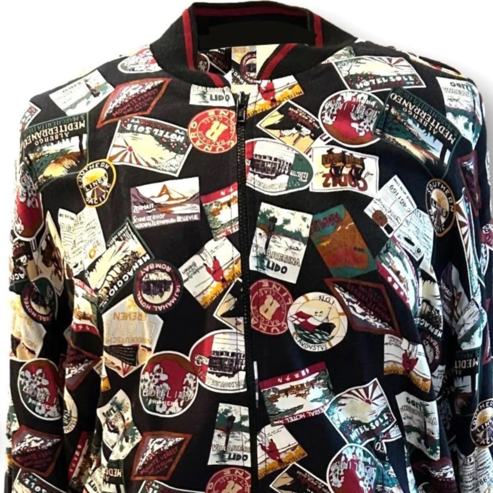 Ali Miles Bomber Jacket Multicolor Graphic Stamp Women Size 10 Vintage
